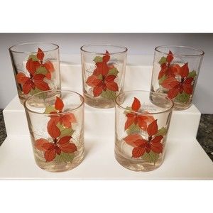 Set of 5 Poinsettia Vintage Glasses Christmas Crisal Portugal
